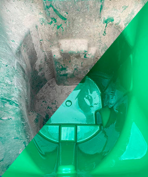 Recycling bin before and after cleaning: grimy interior on the left; bright, clean interior on the right.