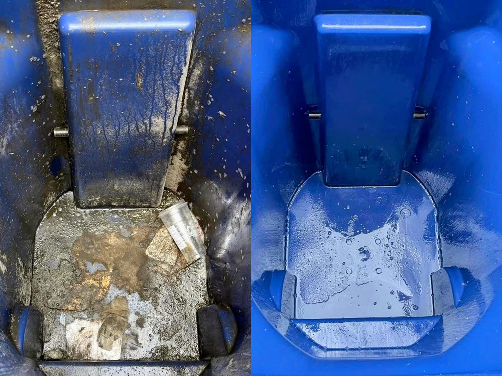 Trash bin before and after cleaning: dirty, stained interior on the left; sanitized and spotless on the right.